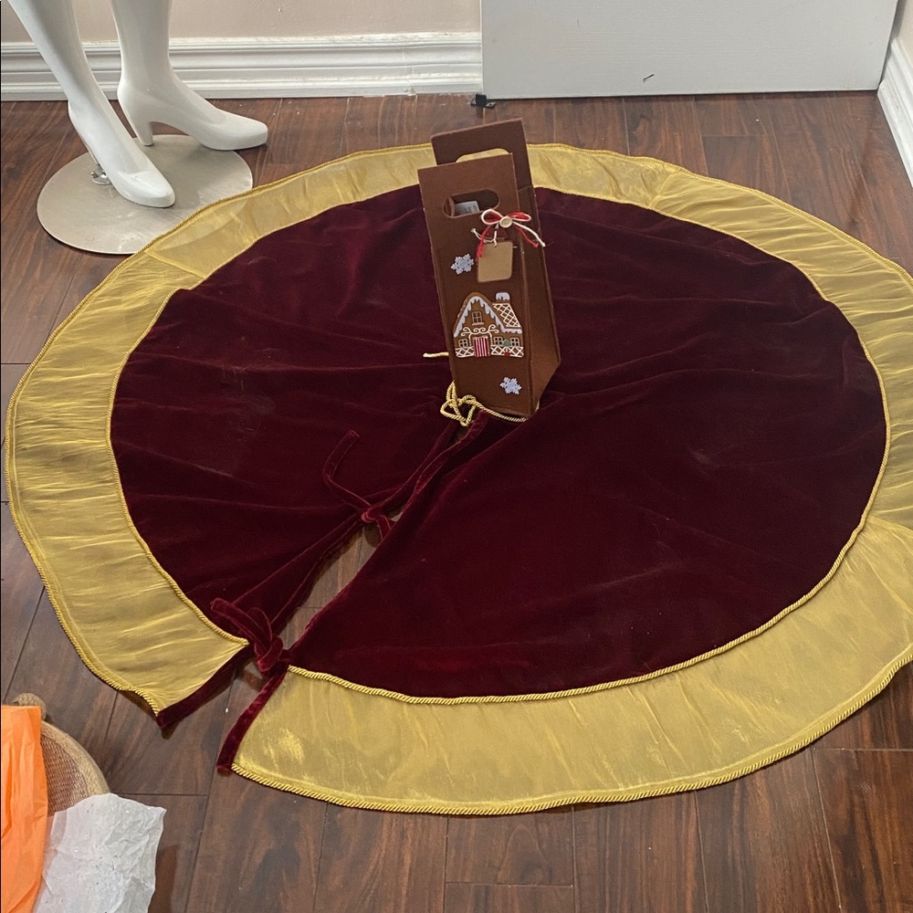 Elegant Burgundy velvet and Gold Tree Christmas Skirt and wine gift bag